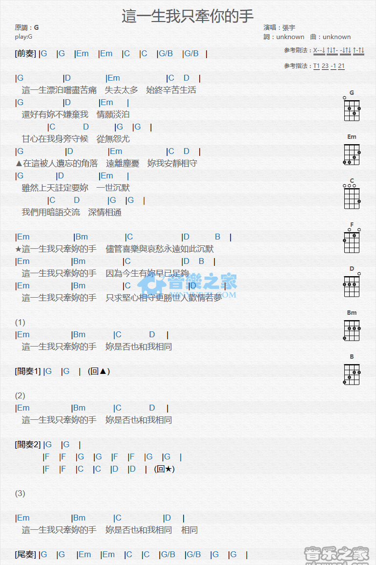 这一生我只牵你的手尤克里里谱-张宇