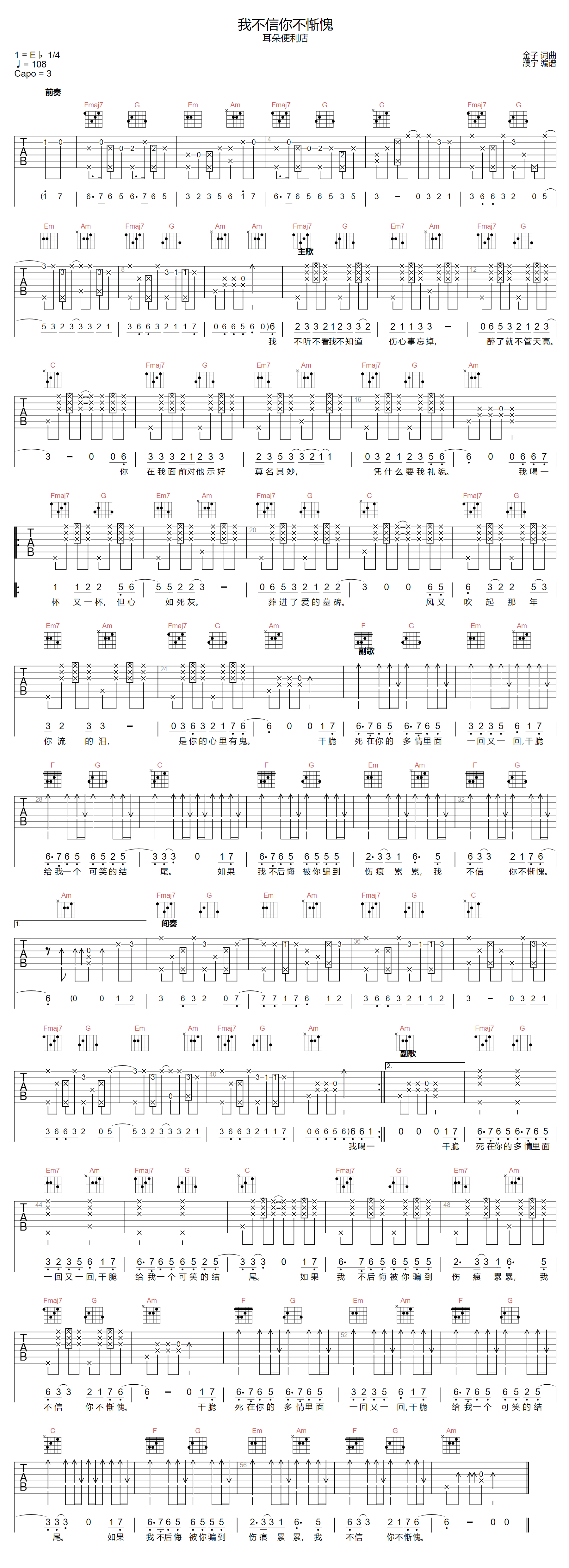 我不信你不惭愧吉他谱-耳朵便利店