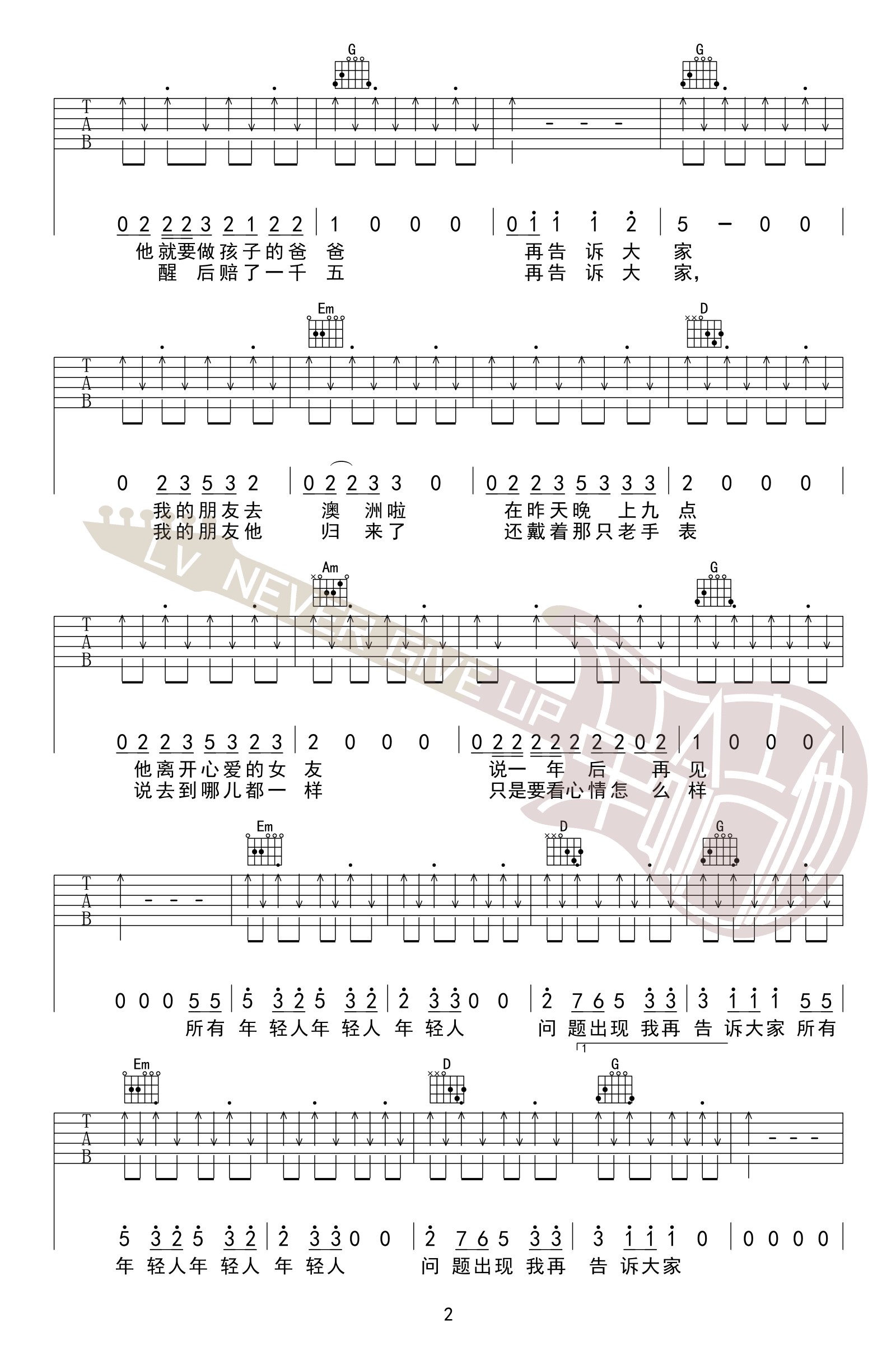 问题出现我再告诉大家吉他谱2-五条人