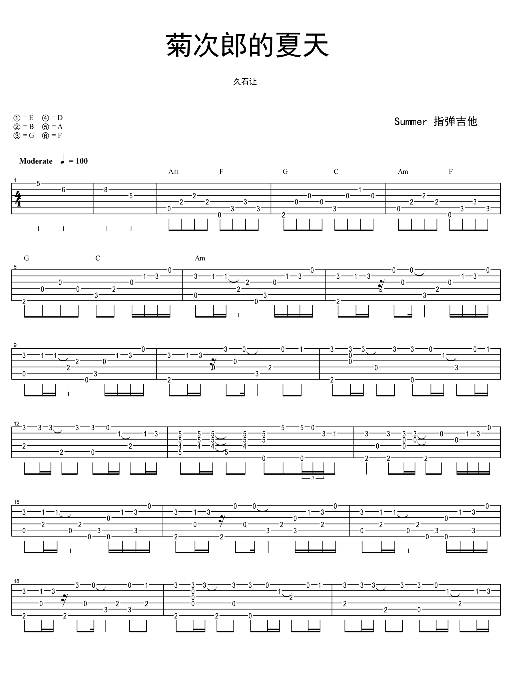 菊次郎的夏天指弹吉他谱1-久石让