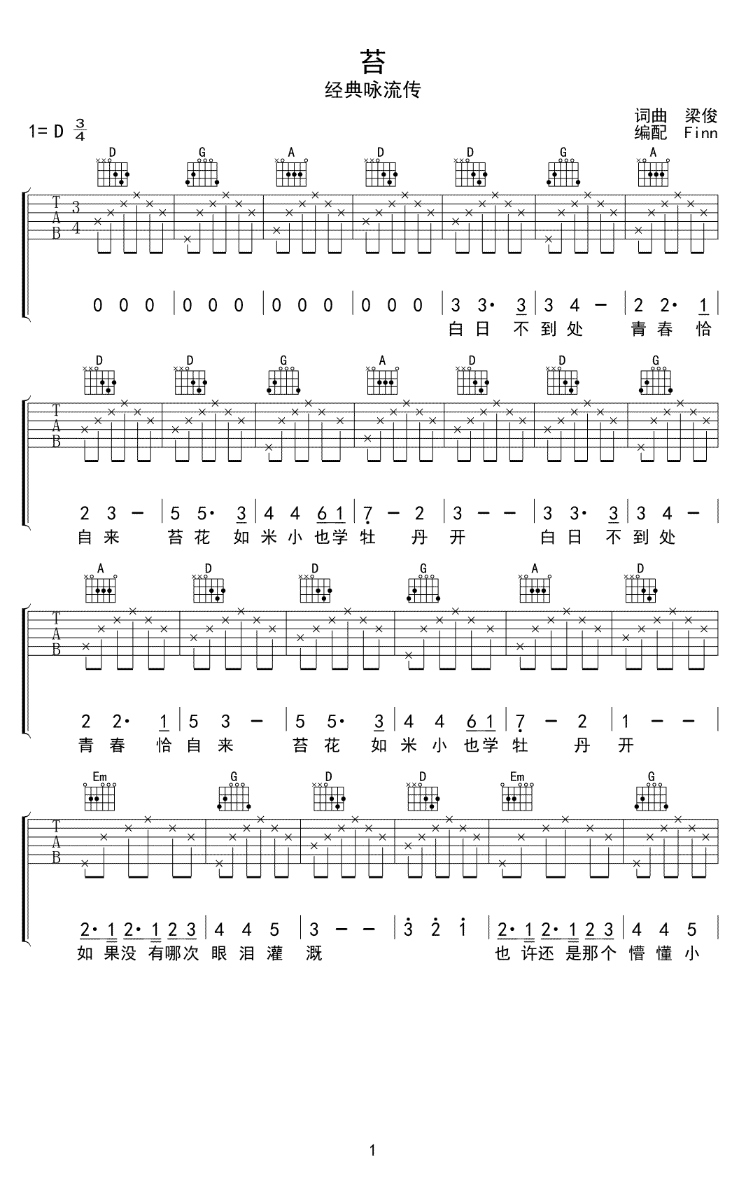 苔吉他谱1-梁俊