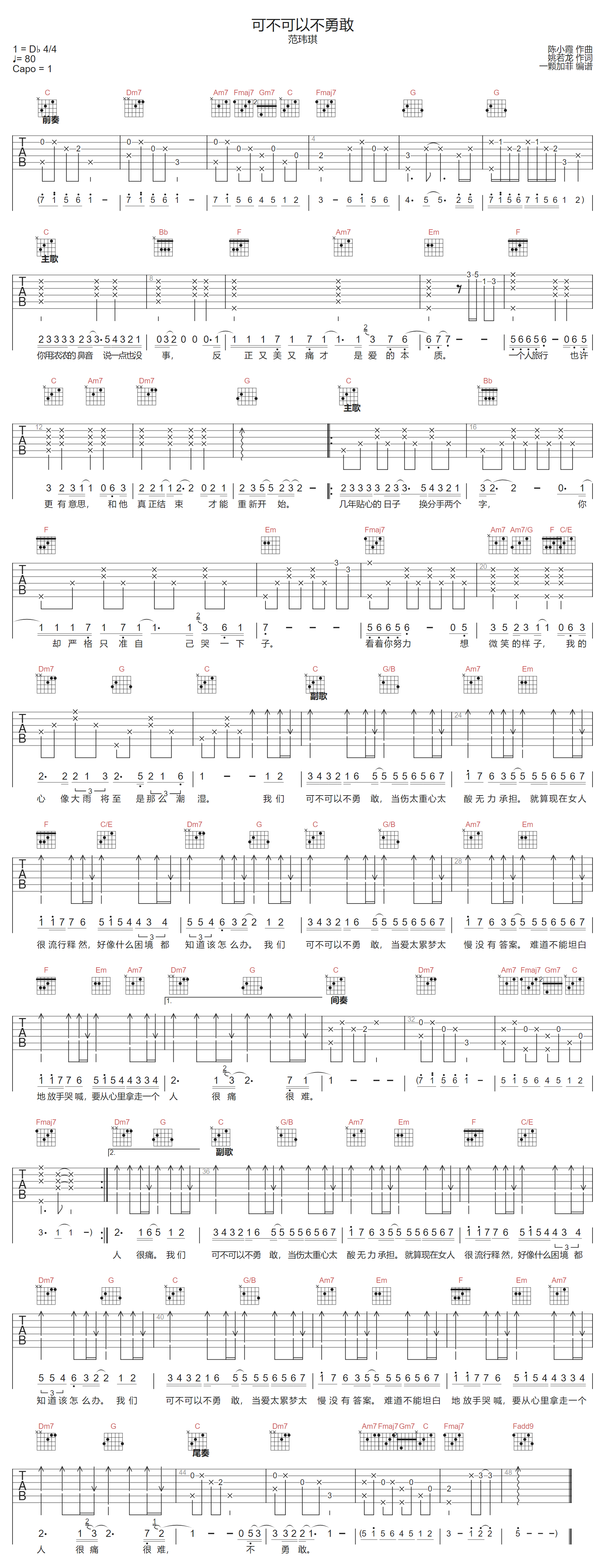 可不可以不勇敢吉他谱-范玮琪