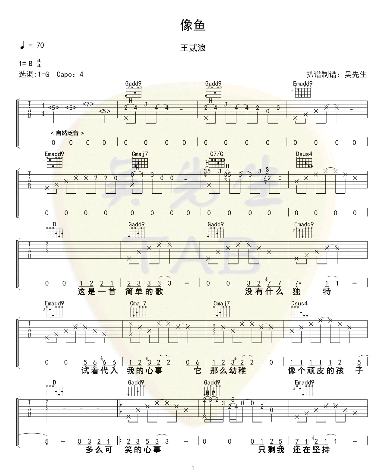 像鱼吉他谱1-王贰浪