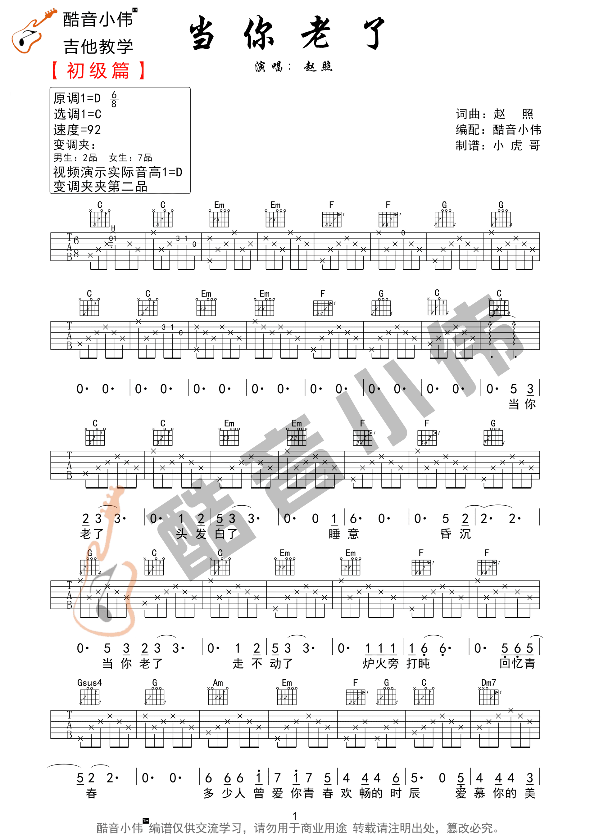 当你老了吉他谱1-赵照