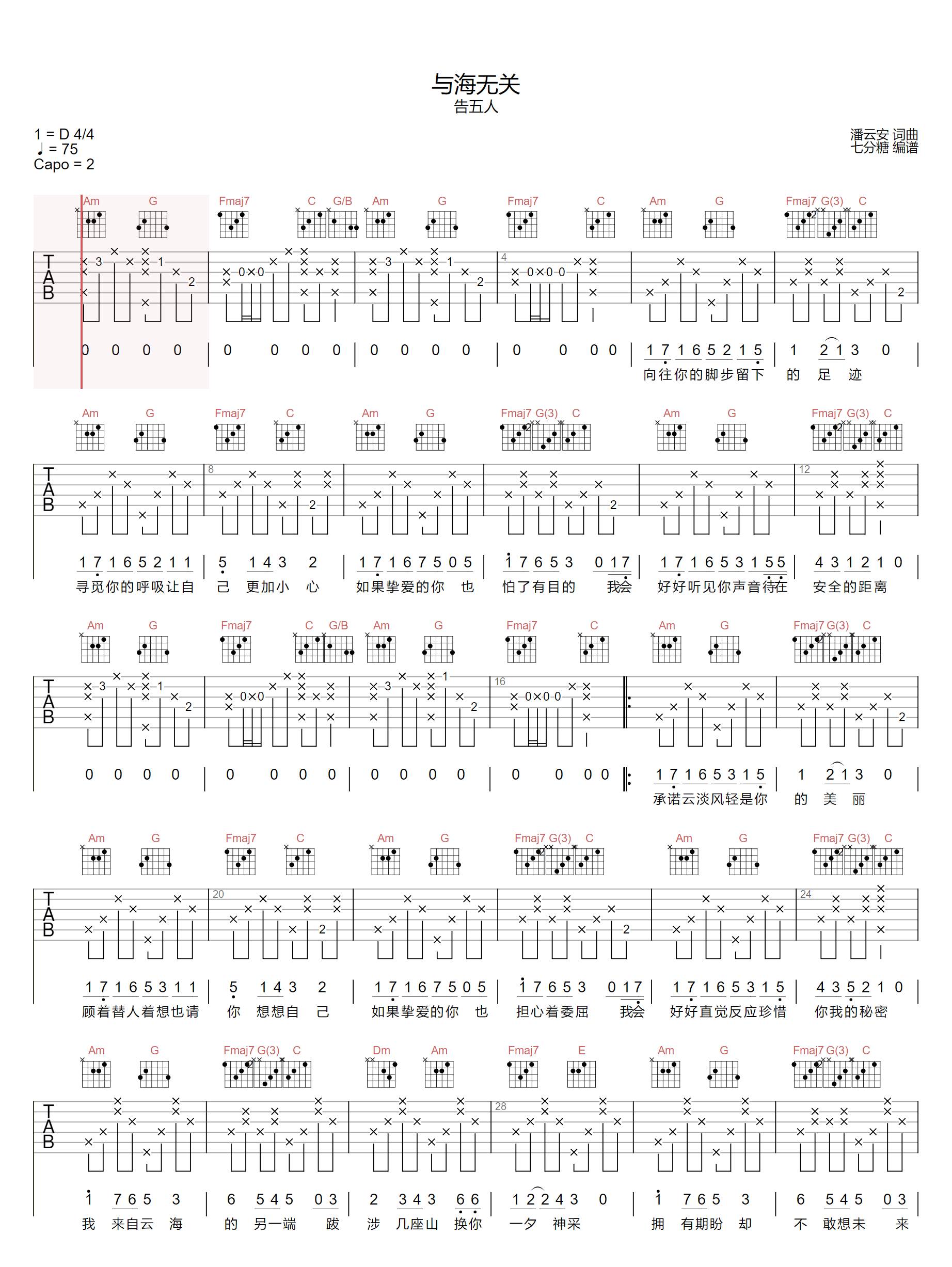 与海无关吉他谱1-告五人