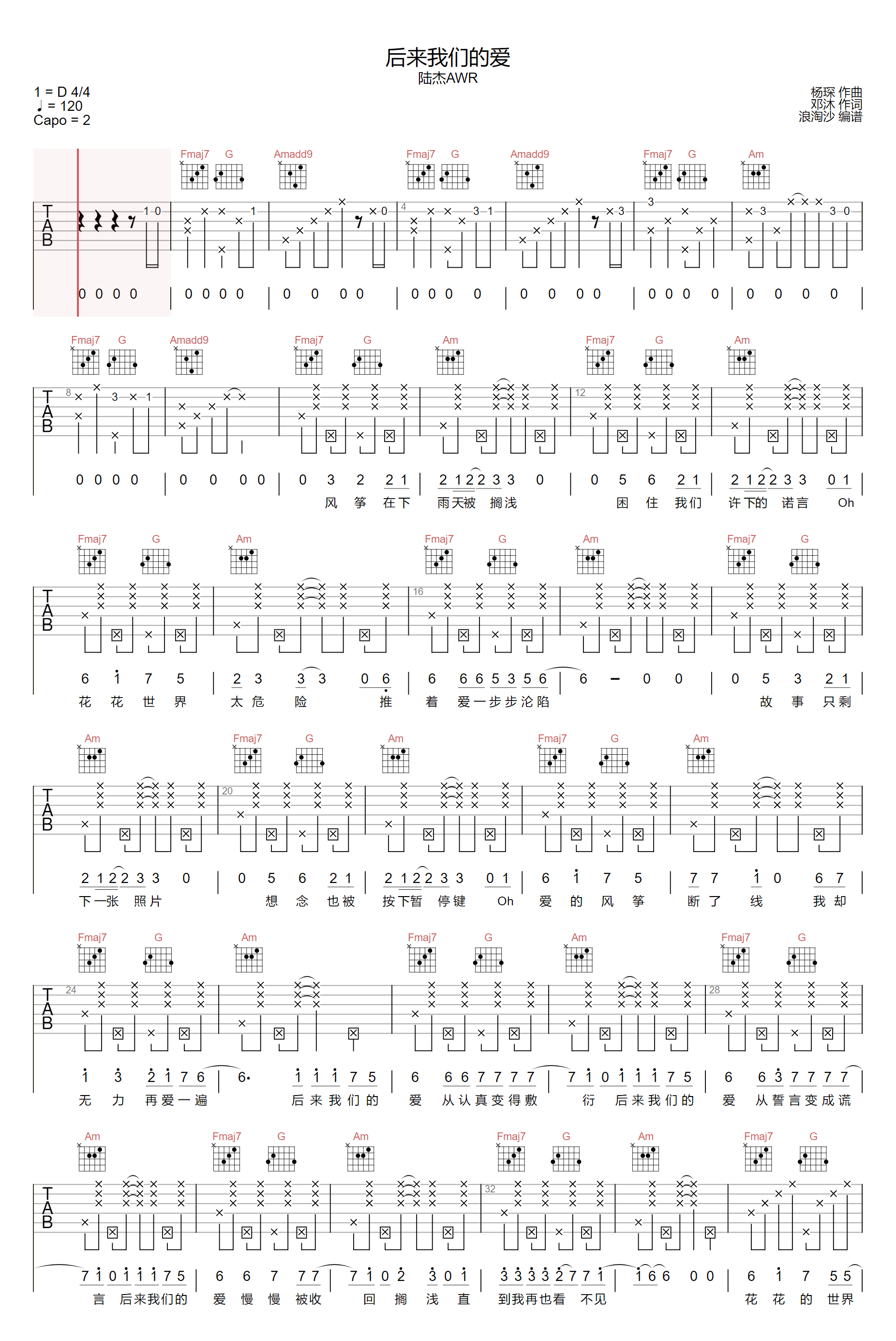 后来我们的爱吉他谱1-陆杰AWR