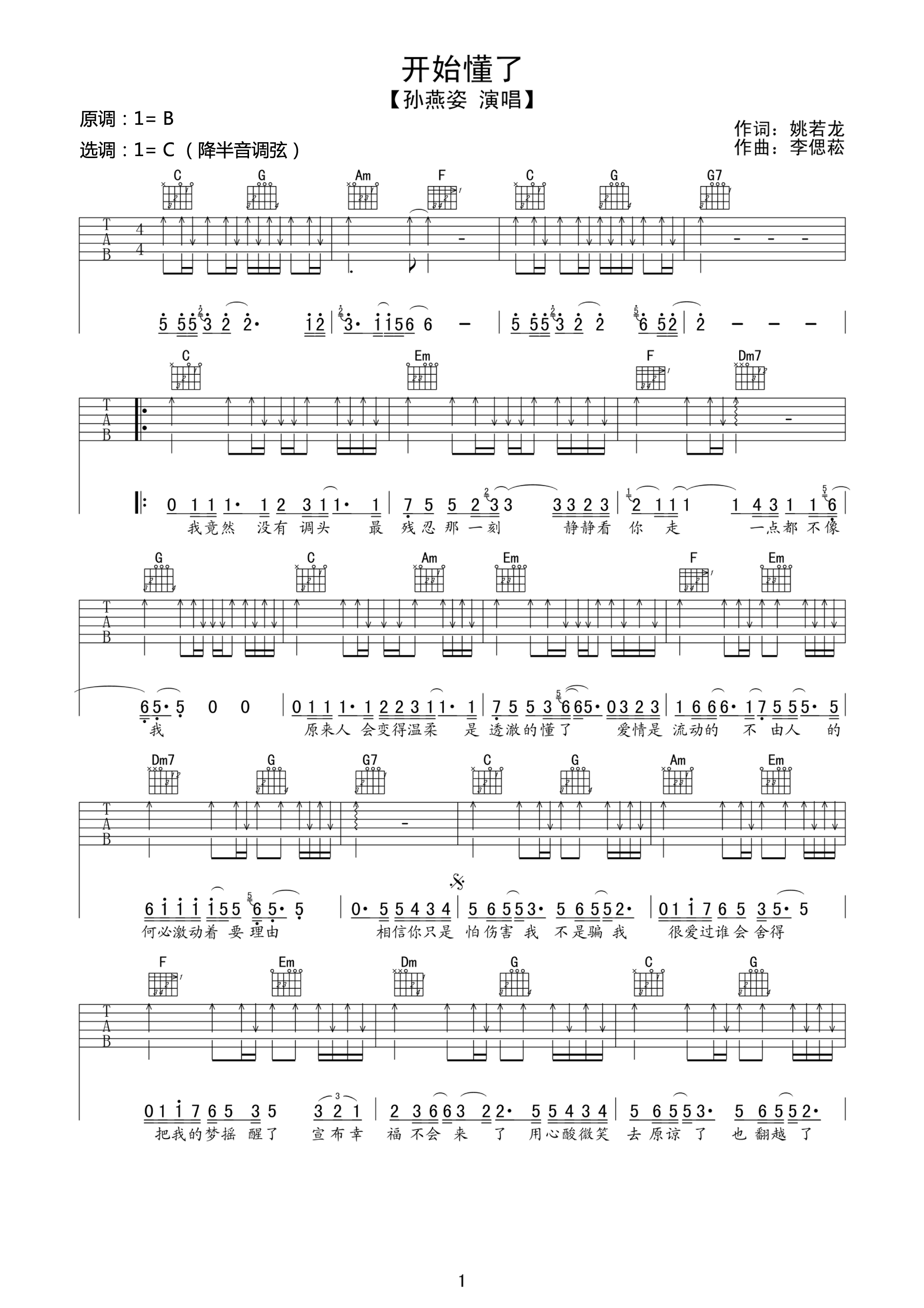 开始懂了吉他谱1-孙燕姿