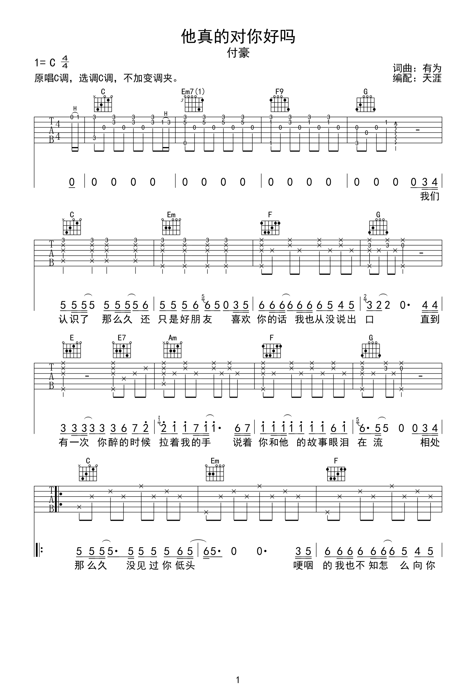 他真的对你好吗吉他谱1-付豪