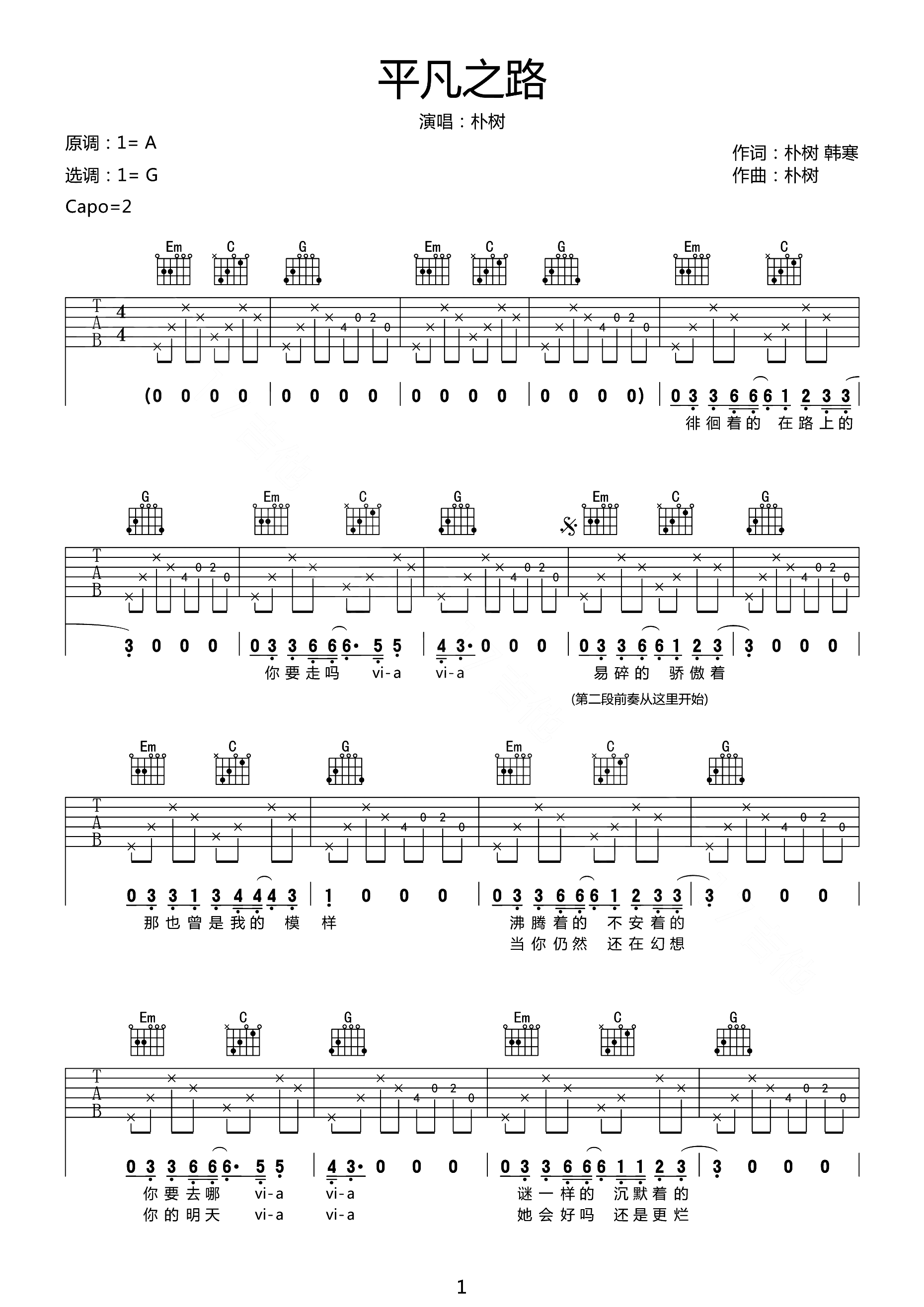 平凡之路吉他谱1-朴树