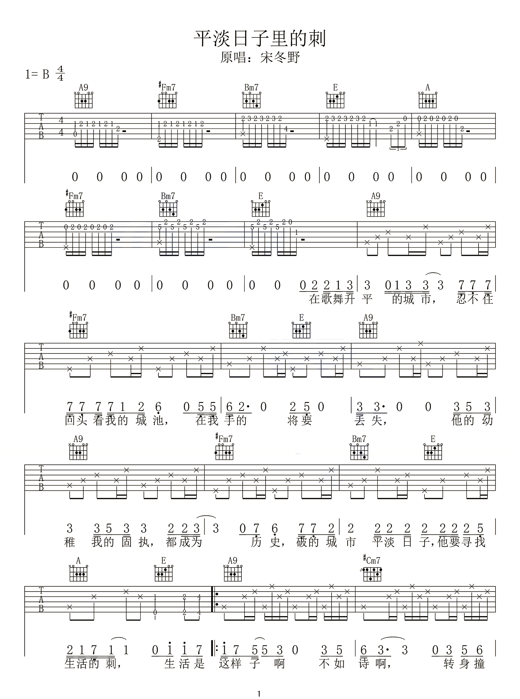 平淡日子里的刺吉他谱1-宋冬野