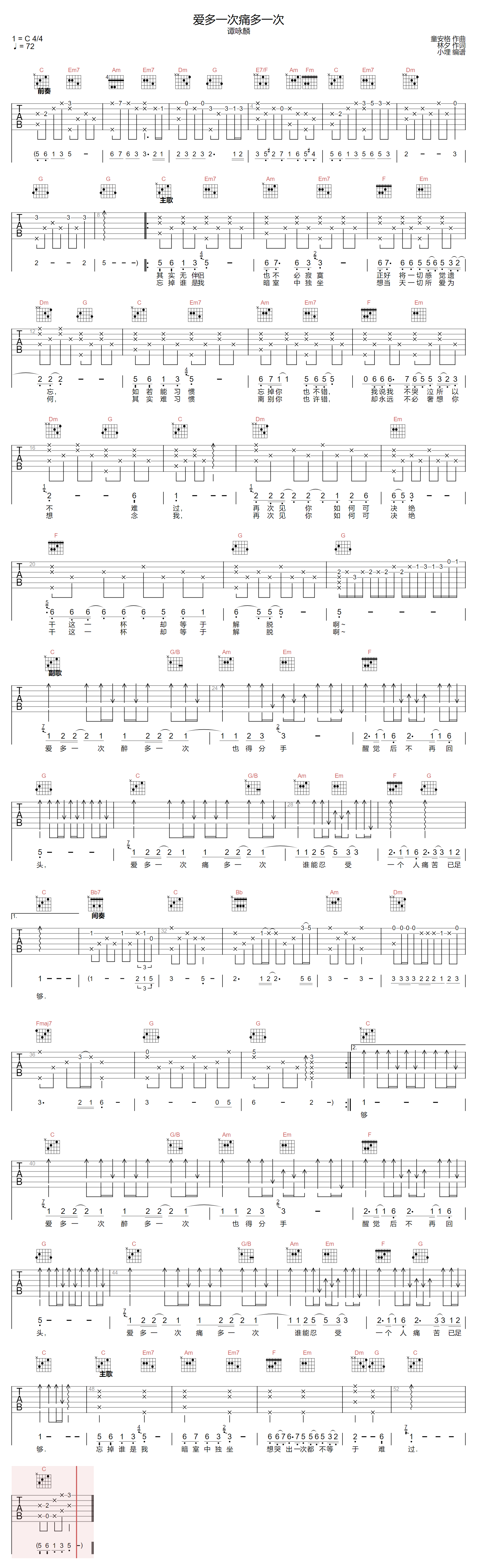 爱多一次痛多一次吉他谱-谭咏麟